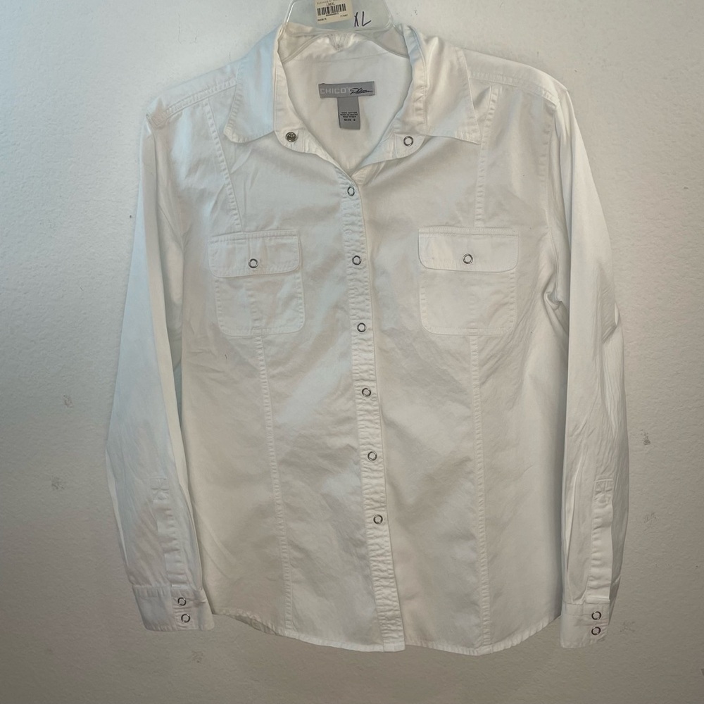 Chico's Platinum White Career Snap front Long sleeve cotton shirt L western